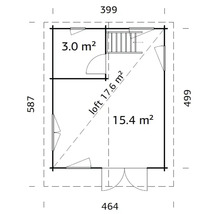 Ritning av ett trädgårdshus med måtten 399 gånger 499 centimeter.