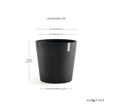 Svart ytterkruka Amsterdam 60 med mått: höjd 55,5 centimeter, ytterdiameter 59 centimeter, volym 100 liter.
