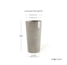 Grå Ecopots Amsterdam Mid High 66 blomkruka: höjd 66 centimeter, diameter 34 centimeter, vikt 5,8 kilogram, volym 35,6 liter.
