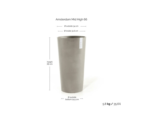 Grå Ecopots Amsterdam Mid High 66 blomkruka: höjd 66 centimeter, diameter 34 centimeter, vikt 5,8 kilogram, volym 35,6 liter.