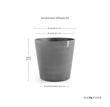 Grå kruka Amsterdam Wheels 60 med mått: höjd 56 centimeter, ytterdiameter 60 centimeter, volym 100 liter.