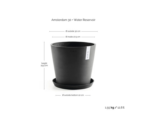 Rund blomkruka Amsterdam 30 med fat och vattenreservoar, höjd 25,9 centimeter, ytterdiameter 30 centimeter, volym 12,8 liter.