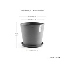 Ecopots Amsterdam 30 blomkruka med vattenreservoar, höjd 25,9 centimeter, diameter 30 centimeter, vikt 1,55 kilogram, volym 12,8 liter.
