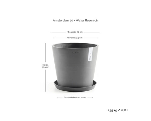 Ecopots Amsterdam 30 blomkruka med vattenreservoar, höjd 25,9 centimeter, diameter 30 centimeter, vikt 1,55 kilogram, volym 12,8 liter.
