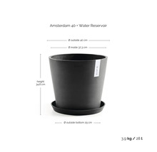 Ecopots Amsterdam 40 blomkruka med fat och vattenreservoar, diameter 40 centimeter, höjd 34,8 centimeter, volym 28 liter.