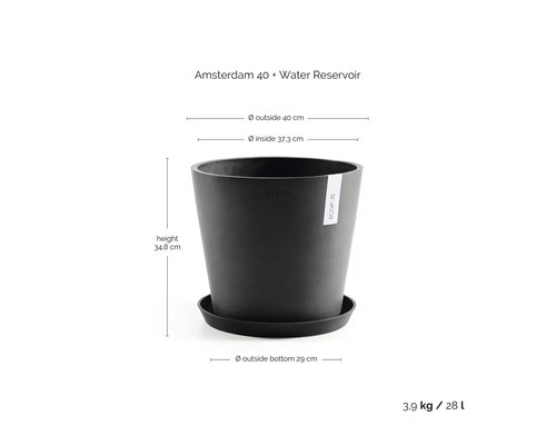 Ecopots Amsterdam 40 blomkruka med fat och vattenreservoar, diameter 40 centimeter, höjd 34,8 centimeter, volym 28 liter.