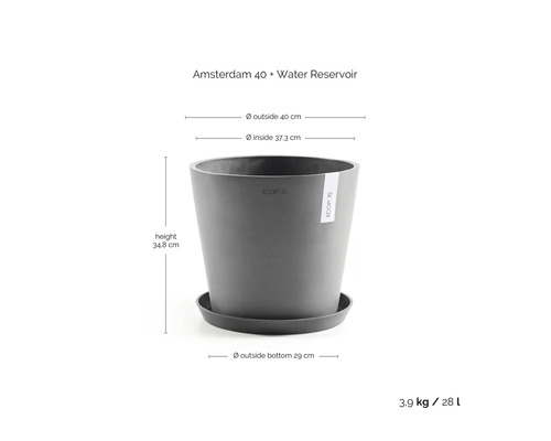 Ecopots Amsterdam 40 blomkruka med fat och vattenbehållare, höjd 34,8 centimeter, ytterdiameter 40 centimeter, volym 28 liter.