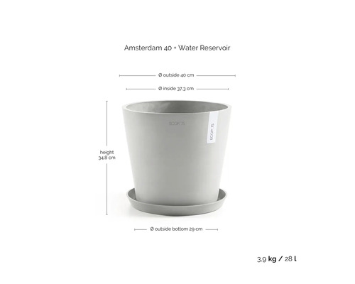 Ecopots blomkruka Amsterdam 40 med fat och vattenreservoar, diameter 40 centimeter, höjd 34,8 centimeter, volym 28 liter.