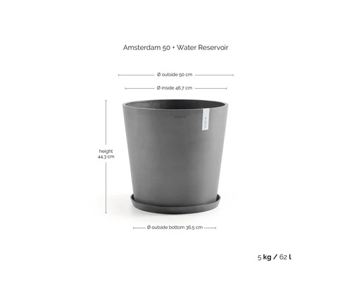 ECOPOTS blomkruka Amsterdam 50 grå med vattenreservoar och fat, höjd 44,3 centimeter, diameter 50 centimeter, volym 62 liter.