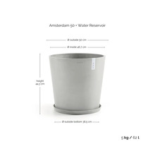Grå rund blomkruka Ecopots Amsterdam 50 med fat och vattenreservoar, höjd 44,3 centimeter, diameter 50 centimeter, 62 liter.