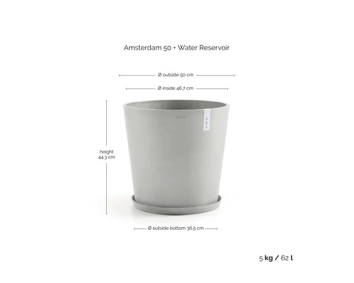 Grå rund blomkruka Ecopots Amsterdam 50 med fat och vattenreservoar, höjd 44,3 centimeter, diameter 50 centimeter, 62 liter.