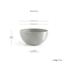 Ecopots Brussel 30 planteringsskål med mått: ytterdiameter 30 centimeter, innerdiameter 28,3 centimeter, höjd 14,8 centimeter.