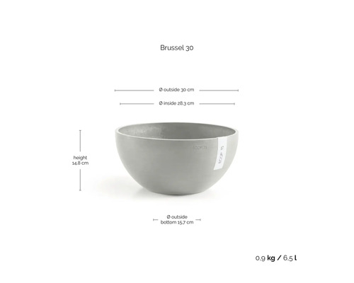 Ecopots Brussel 30 planteringsskål med mått: ytterdiameter 30 centimeter, innerdiameter 28,3 centimeter, höjd 14,8 centimeter.