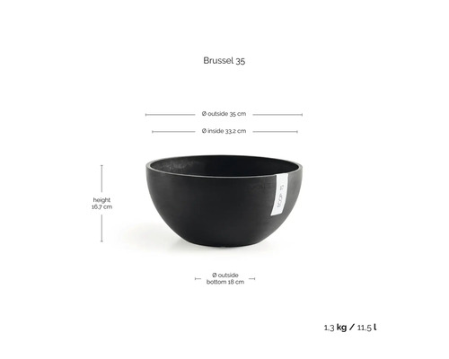 Svart odlingsskål Brussel 35 med mått: höjd 16,7 centimeter, ytterdiameter 35 centimeter, volym 11,5 liter.