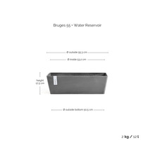 Mörkgrå blomlåda Bruges 55 med vattenreservoar, höjd 17,5 centimeter, övre bredd 55,3 centimeter, nedre 50,5 centimeter, volym 12 liter.