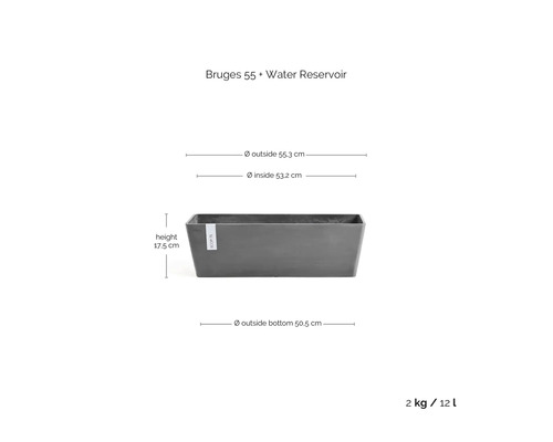Mörkgrå blomlåda Bruges 55 med vattenreservoar, höjd 17,5 centimeter, övre bredd 55,3 centimeter, nedre 50,5 centimeter, volym 12 liter.