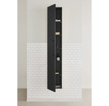 Svart badrumsskåp med öppen dörr och glashyllor för förvaring av badrumsartiklar.