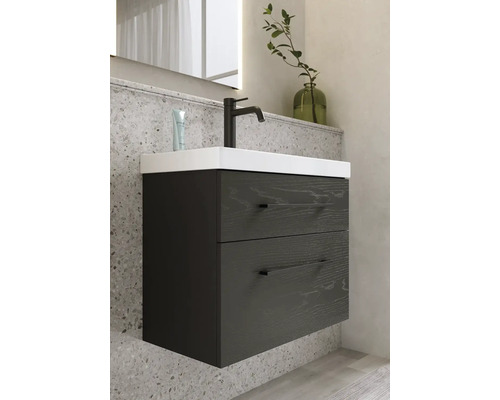 Tvättställsskåp med två lådor och tvättställ på bänken i badrummet