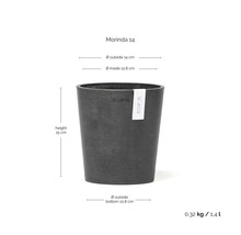 Blomkruka Ecopots Morinda 14, höjd 15 centimeter, ytterdiameter 14 centimeter, innerdiameter 12,8 centimeter, volym 1,4 liter.