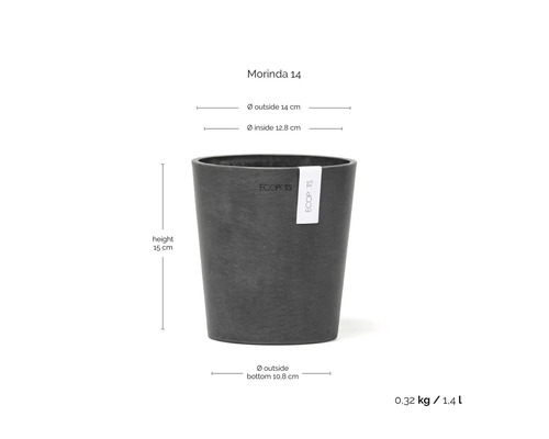 Blomkruka Ecopots Morinda 14, höjd 15 centimeter, ytterdiameter 14 centimeter, innerdiameter 12,8 centimeter, volym 1,4 liter.