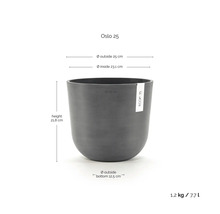 Blomkruka Ecopots Oslo 25 med mått: höjd 21,8 centimeter, ytterdiameter 25 centimeter, volym 7,7 liter, vikt 1,2 kilogram.