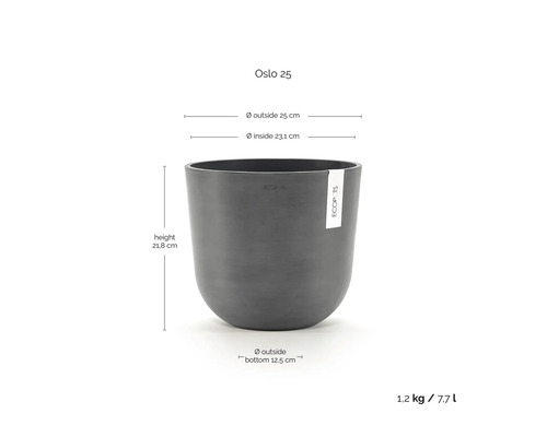 Blomkruka Ecopots Oslo 25 med mått: höjd 21,8 centimeter, ytterdiameter 25 centimeter, volym 7,7 liter, vikt 1,2 kilogram.