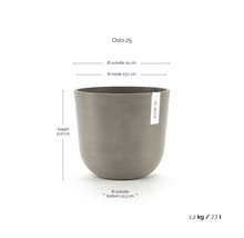 Ecopots Oslo 25 blomkruka: höjd 21,8 centimeter, ytterdiameter 25 centimeter, innerdiameter 23,1 centimeter, volym 7,7 liter.