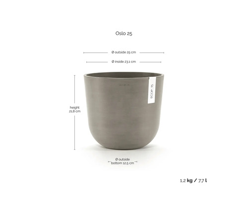 Ecopots Oslo 25 blomkruka: höjd 21,8 centimeter, ytterdiameter 25 centimeter, innerdiameter 23,1 centimeter, volym 7,7 liter.