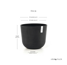 Ecopots blomkruka Oslo 35 med Ecopots Logo och mått: höjd 30,5 centimeter, ytterdiameter 35 centimeter, volym 21,7 liter.