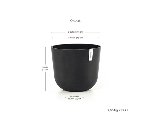 Ecopots blomkruka Oslo 35 med Ecopots Logo och mått: höjd 30,5 centimeter, ytterdiameter 35 centimeter, volym 21,7 liter.