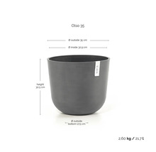 Kruka Ecopots Olso 35: höjd 30,5 centimeter, ytterdiameter 35 centimeter, innerdiameter 32,9 centimeter, volym 21,7 liter.