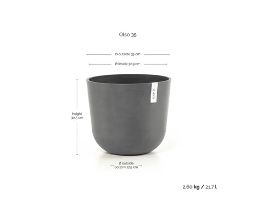 Kruka Ecopots Olso 35: höjd 30,5 centimeter, ytterdiameter 35 centimeter, innerdiameter 32,9 centimeter, volym 21,7 liter.
