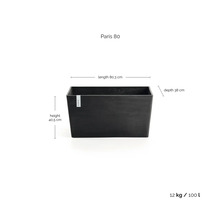 Ecopots kruka Paris 80: längd 80,3 centimeter, höjd 40,5 centimeter, djup 38 centimeter, vikt 12 kilogram, volym 100 liter.