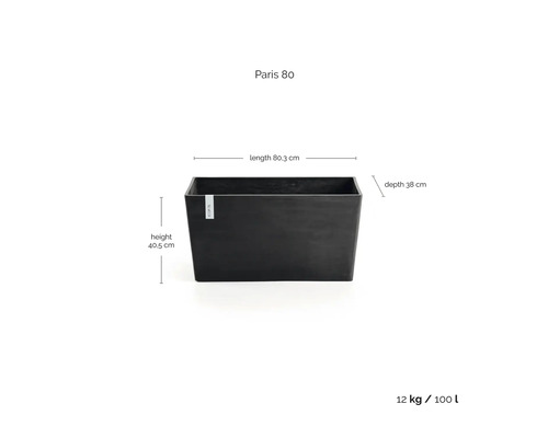 Ecopots kruka Paris 80: längd 80,3 centimeter, höjd 40,5 centimeter, djup 38 centimeter, vikt 12 kilogram, volym 100 liter.