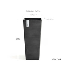 Blomkruka Rotterdam High 70, kvadratisk, hög, mått 32,7 gånger 32,7 gånger 70,5 centimeter, volym 42 liter, vikt 5,6 kilogram, Ecopots logotyp.