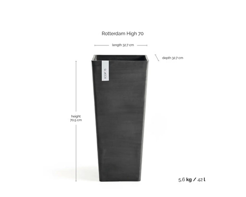 Blomkruka Rotterdam High 70, kvadratisk, hög, mått 32,7 gånger 32,7 gånger 70,5 centimeter, volym 42 liter, vikt 5,6 kilogram, Ecopots logotyp.