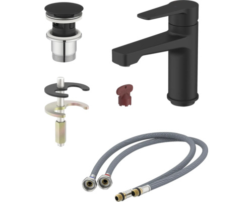 Blandare, avloppssats, monteringsverktyg och flexibla anslutningsslangar för ett tvättställ