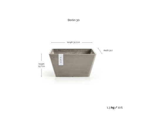 Ecopots Berlin 30 planteringskärl med måtten längd 31,2 centimeter, djup 31,2 centimeter, höjd 15,7 centimeter och 10 liter volym.