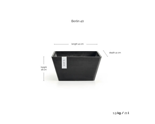 Kvadratisk blomkruka Berlin 40 med ECOPOTS Logo, mått 41 gånger 41 gånger 18 centimeter, vikt 1,9 kilogram, volym 21 liter.