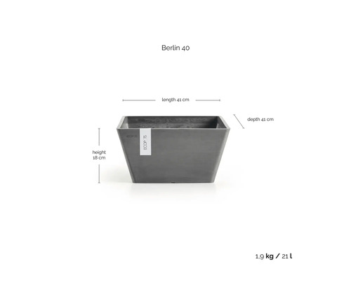 Ecopots Berlin 40 planteringskärl grå, längd 41 centimeter, djup 41 centimeter, höjd 18 centimeter, volym 21 liter, vikt 1,9 kilogram.