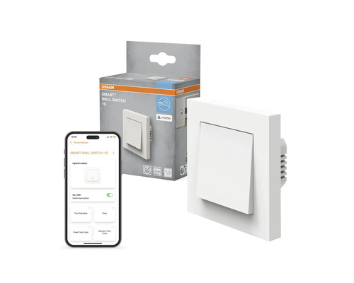 Osram Smart Plus väggströmbrytare 1G med förpackning och smartphone-app