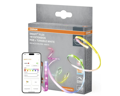 Osram Smart+ Flex 1 meter förlängning RGB plus Tunable White i produktförpackning och smartphone med appgränssnitt
