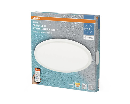 Förpackning för Osram Smart+ Orbis Disc taklampa med en diameter på 400 millimeter och justerbar färgtemperatur