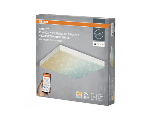 Osram Smart Plus Planon ramlösa Sparkle lampa, 450x450, ställbart vitt, i produktförpackning