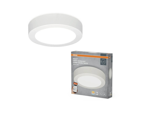 Osram Smart+ Orbis downlight, 200 millimeter justerbar vit taklampa och produktförpackning