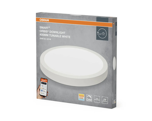 Förpackning med en Osram Smart Plus Orbis downlight taklampa med en diameter på 400 millimeter, justerbar färgtemperatur och 22 watt effekt