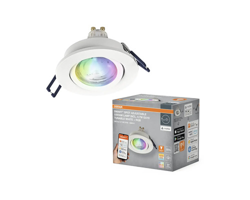 Osram Smart Spots justerbara med GU10-lampa och RGB-färgåtergivning samt produktförpackning