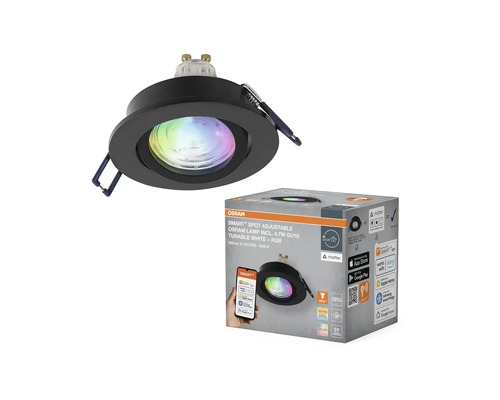 Osram Smart+ Spot Adjustable med 4,7 watts GU10-lampa och justerbart vitt plus RGB, inklusive förpackning.