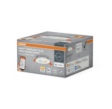 Förpackning för en Osram Smart Downlight Slim-lampa med en diameter på 85 millimeter och justerbar vit ton