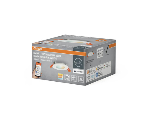 Förpackning för en Osram Smart Downlight Slim-lampa med en diameter på 85 millimeter och justerbar vit ton
